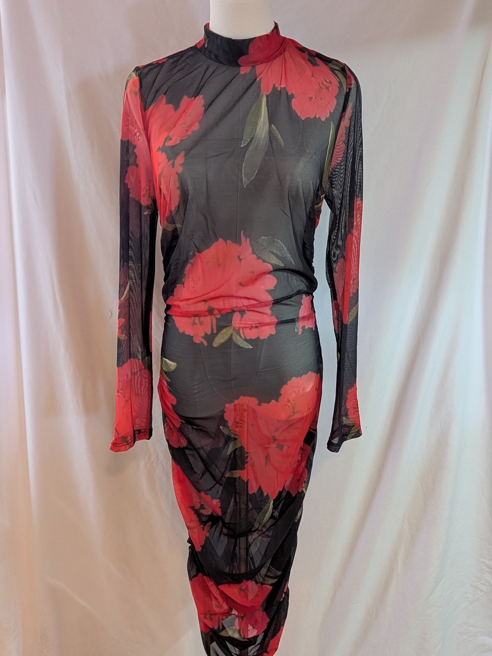 Chic Me Black Sheer Long-Sleeve Dress with Red Floral Print Large NWOT